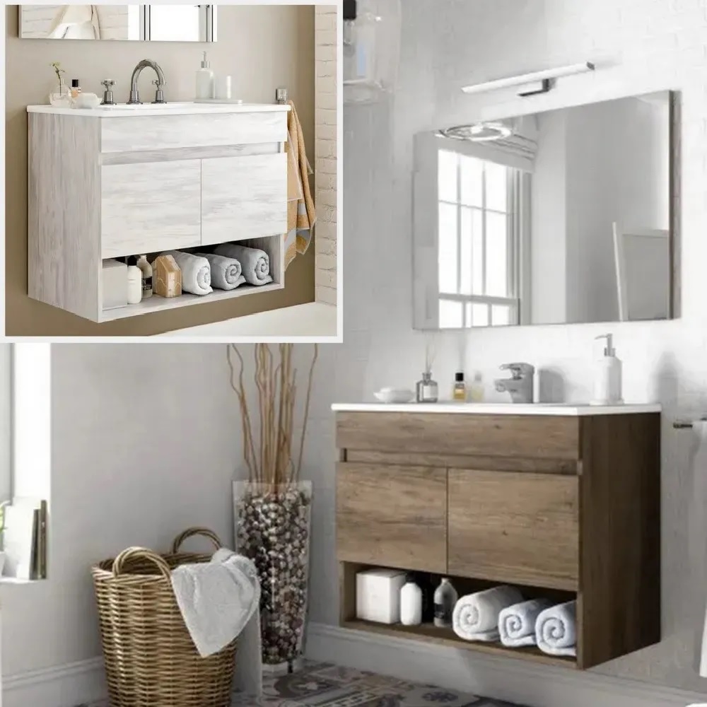 Meuble de salle de bain Cosmo 80 cm chêne foncé nordik ou chêne clair avec lavabo en céramique et miroir inclus