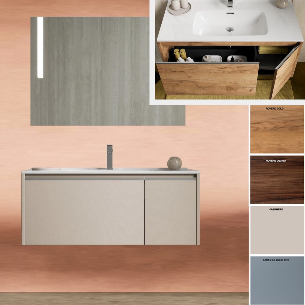 Suspended bathroom cabinet, 80 or 100 cm, in 5 colours with sink, drawer and door, FIVE MODEL