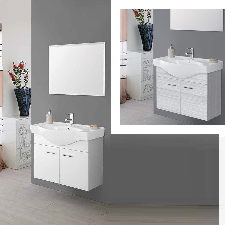 Mueble de baño Icaro, 81 cm, suspendido, gris o blanco, lavabo y espejo de cerámica