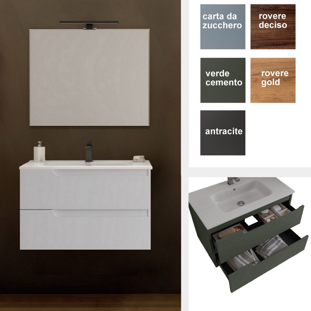 Lola3 bathroom cabinet, 80 or 100 cm, 2 drawers, in various colours, with sink and mirror