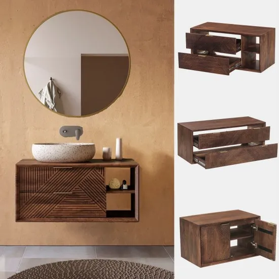 Mila2 100 ou 120 cm meuble lavabo en bois de manguier avec miroir