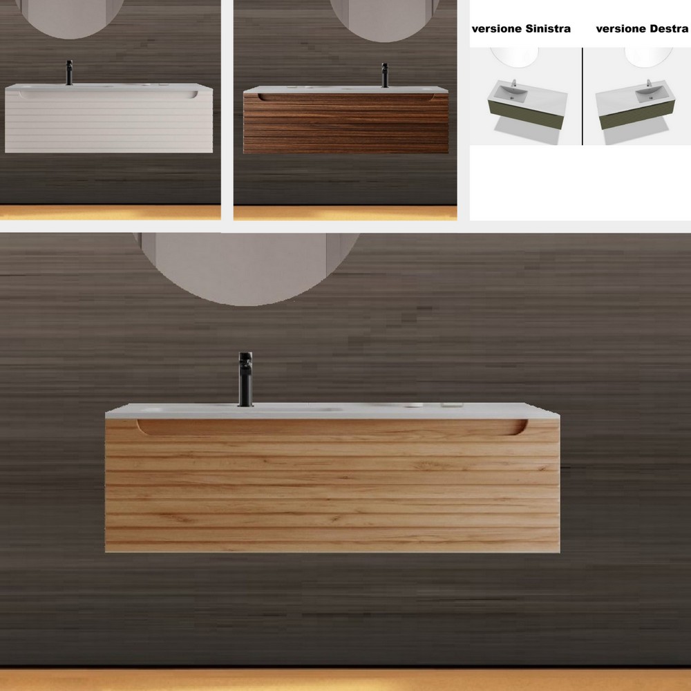 Mueble de baño suspendido Lucy, 120 cm, disponible en 5 colores, con lavabo descentrado y cajón con efecto acanalado