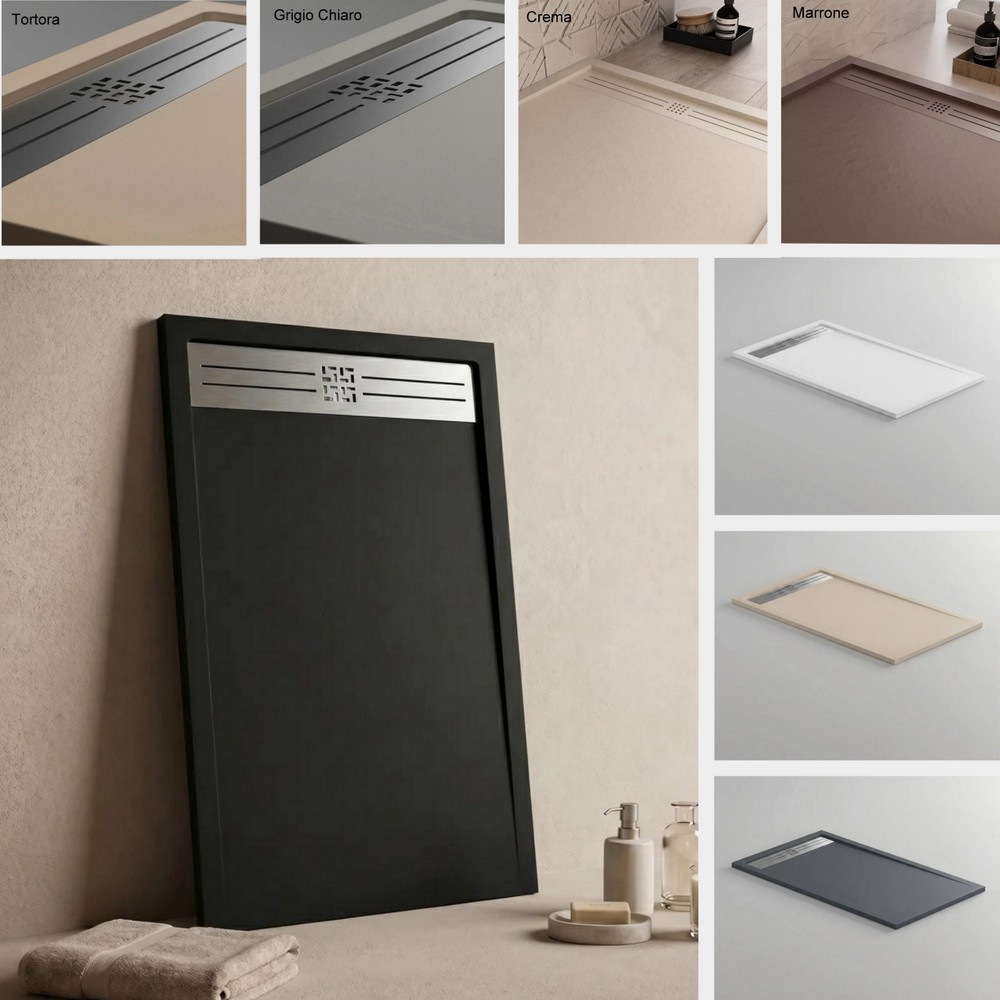 Receveur de douche en résine effet marbre disponible en 8 coloris et différentes dimensions, avec goulotte en acier ou assortie PA027