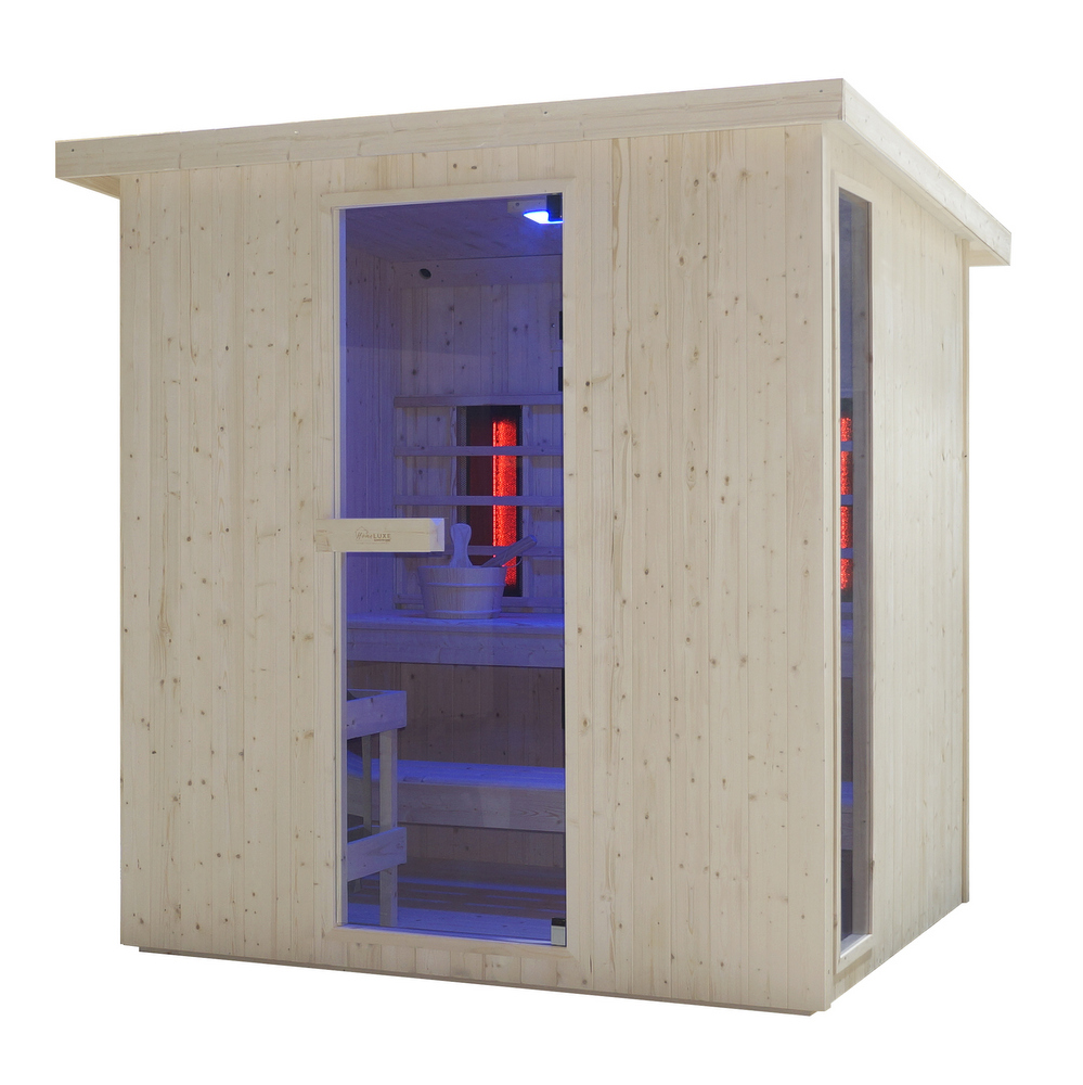 Sauna extérieur combiné infrarouge et finlandais 198×200 cm avec chromothérapie et bluetooth SN070