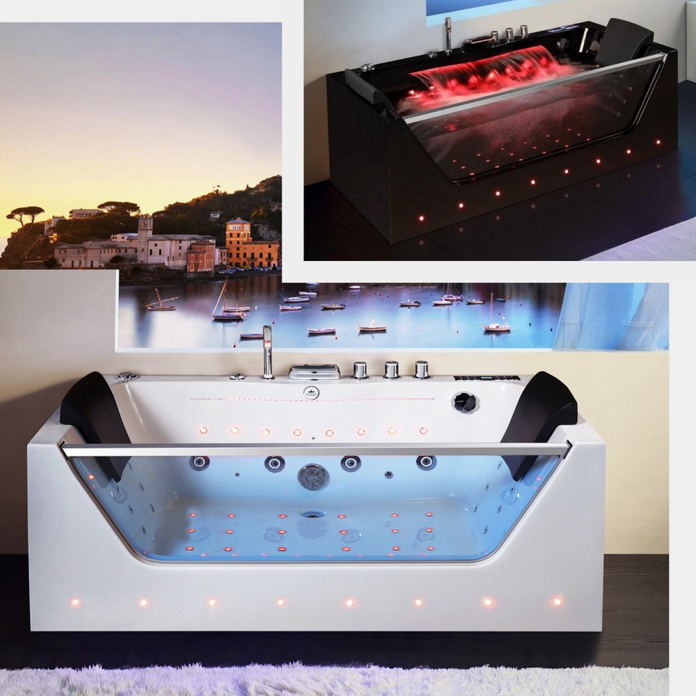 Whirlpool tub 170x80 cm white or black with LED carved waterfall, 36 air and water jets, heater and Bluetooth VS179
