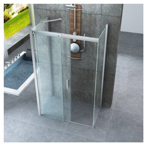 BOX049 U-Form-Dusche, aus 8mm breitem transparentem Kristallglas, mit Schiebetür, soft-close-Verschluss und Anti-Kalk-Behandlung