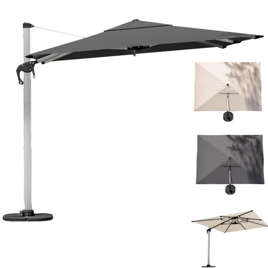 Rectangular garden umbrella with 300x400 cm grey or ecru canvas, side pole and OB10 windproof ropes