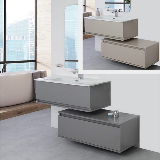 Armoire de toilette 90 cm avec bloc-tiroirs latéral ou décentralisé en gris ou taupe Modèle Maya