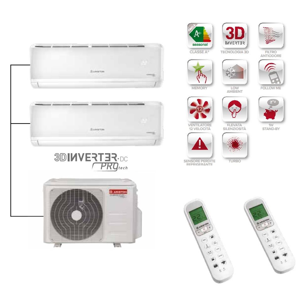 Ariston Alys Plus Air Conditioner, Dual 55 trial 80 quad 110 penta 121, DC Inverter 9000 12000 18000 BTU available in various combinations