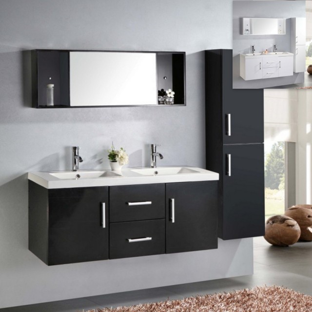 Meuble de salle de bain Taiti, lavabo double en céramique blanche ou noire, 120 cm, 1 colonne et mitigeurs inclus dans le prix .