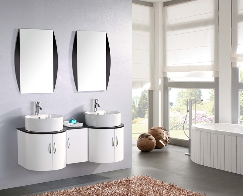 Mueble de Baño Torre 138 cm, Lacado blanco, con Lavabo de apoyo y Espejo