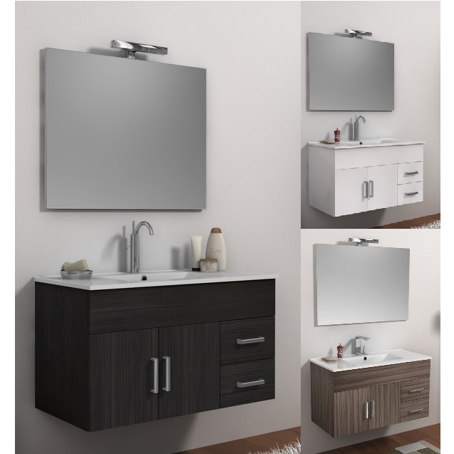 Meuble de salle de bain Isa 100 cm blanc, wengé ou mélèze avec lavabo en céramique