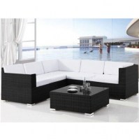 Meubles d'extérieur Elga 253x83 Canapé et table basse en verre noirs coussins blancs style moderne