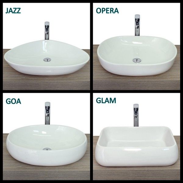 Lavabo sobre encimera oval redondeado triangular en cerámica blanca brillante en 4 modelos LAV01