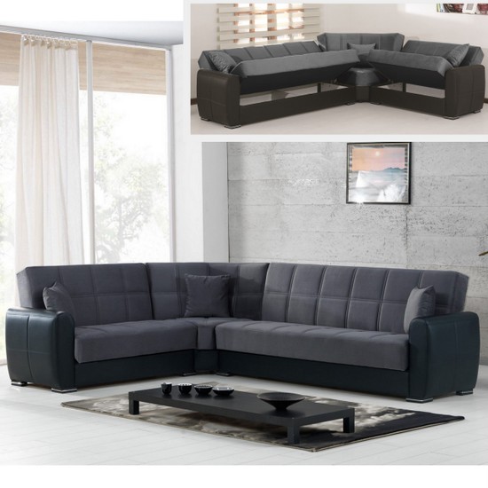 Miriam Eckschlafsofa 305x238 cm aus Kunstleder und Mikrofaser mit 2 Staufächern Wendehalbinsel