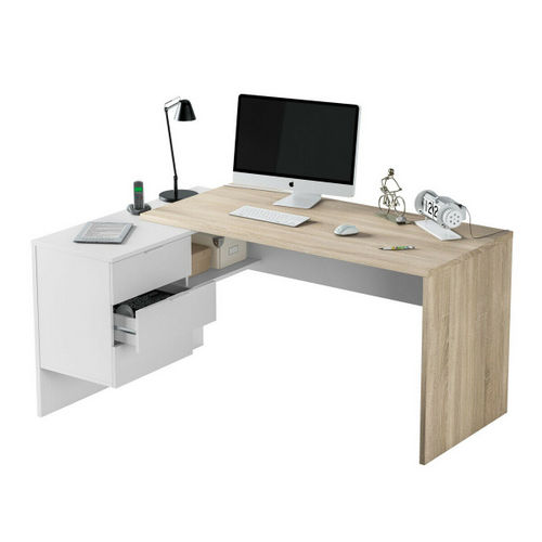 Bureau d'angle au format 145X108X73 cm avec 3 tiroirs en blanc et chêne TL029