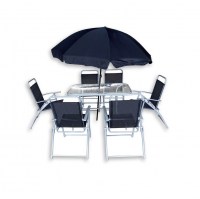 Outdoor furniture, Jane model, composed of 1 glass table, 6 chairs with armrests and umbrella/parasol