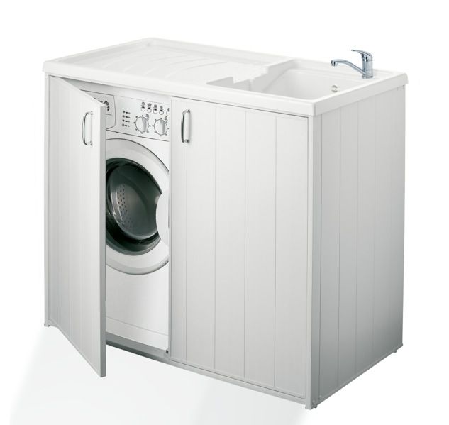 Mueble reversible blanco de tela contrachapada en resina 109x60 cm con fregadero exterior con doble puerta BM029