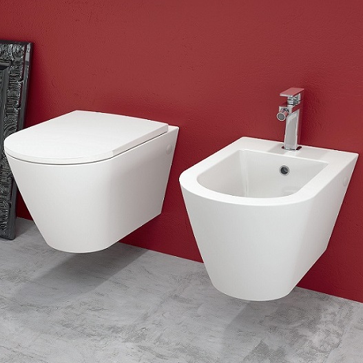 “Riva” ceramic wall-hung sanitary ware, modern design, without rim, with soft close system
