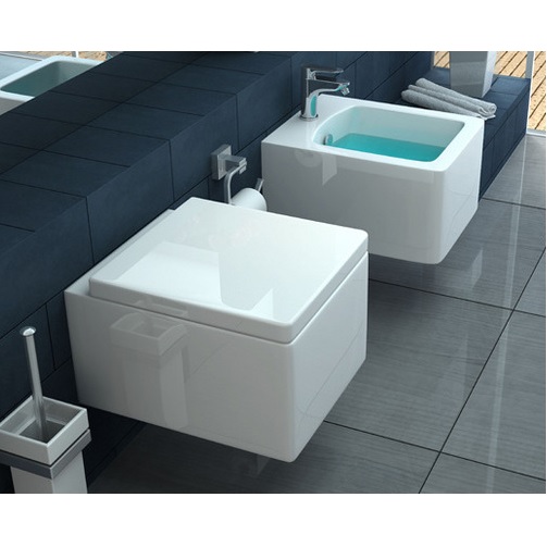 Sanitario suspendido Skai, incluye Inodoro y Bidet de forma cuadrada, con Tapa de cierre amortiguado