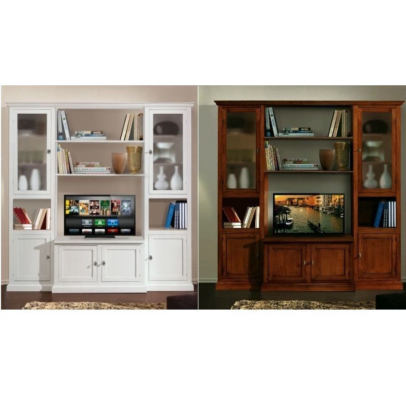 Mueble Ines Composición para TV en blanco mate y nogal brillante Mueble de entretenimiento