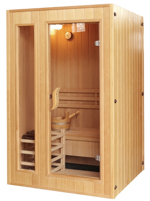 Finnische Sauna 153×110 cm für 3 Personen mit Sawo-Ofen, Thermometer, Hemlockholz SN007