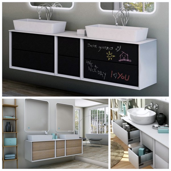 Mueble de Baño Suspendido Best 140x46 o 176x46, con Lavabo doble de apoyo, disponible en Blanco, Grafiti y Tabaco