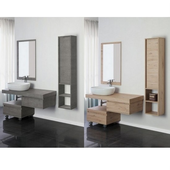 Mueble de Baño suspendido Rosa 120x50 cm con espejo y cajonera con ruedas