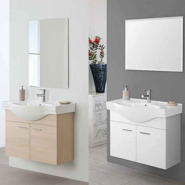 Meuble de salle de bain suspendu Icaro 85 cm en chêne clair ou laqué blanc, lavabo en céramique avec miroir