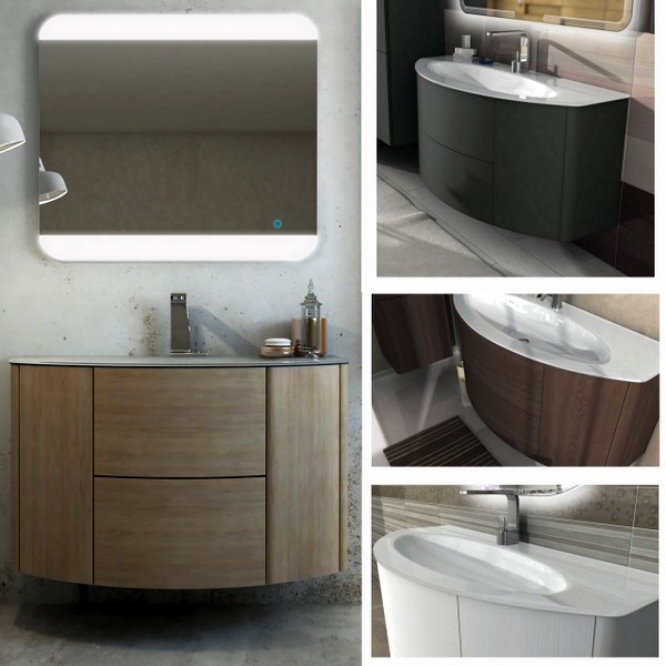 Meuble de salle de bain Edelweiss 90 ou 120 cm lavabo suspendu en cristal ou résine avec portes et tiroirs en 4 couleurs
