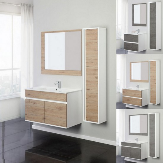 Wall-hung bathroom vanity, 60 or 90 cm, with doors or drawers, oak or cement colour, mirror included, Fanny2 model