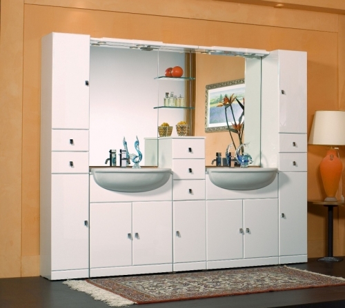 Armoire de toilette Cleo 30 + 70 + 30 + 70 + 30 deux lavabos blancs semi-encastrés