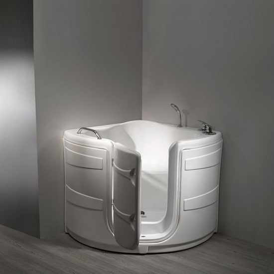 Bañera de esquina con puerta 95x95 cm también disponible con grifería e hidromasaje VS122