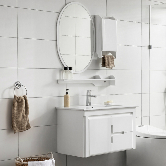 Meuble de salle de bain 80 cm blanc avec miroir étagère et meuble haut avec mitigeur pour modèle Brenda gratuit