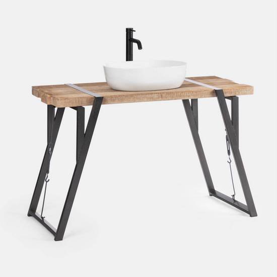 AMALFI lavabo de baño mueble 120 o 140 cm estructura metálica de estilo industrial y encimera de madera de 5 cm