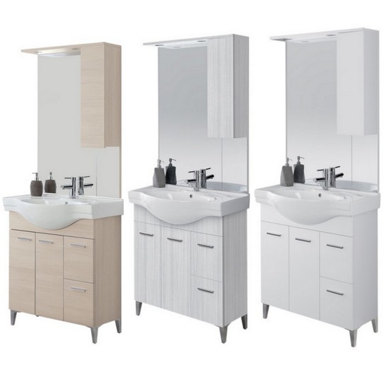 Meuble sous lavabo Rovereto 85 cm blanc ou chêne clair, deux portes et deux tiroirs avec base  au sol, lavabo, miroir avec placard et hauts