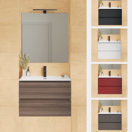 meuble de salle de bain suspendu FIRE2 70x36 ou 80x36 cm ultra-plat avec miroir et deux tiroirs en 5 couleurs