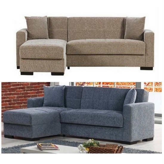 Moira Eck-Schlafsofa aus Stoff, 105x193cm in beige oder grau erhältlich, mit Verstauraum und Récamiere