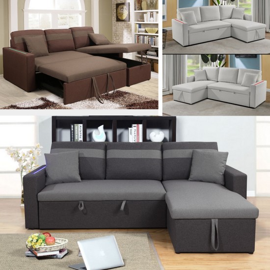 Reversible corner sofa bed 223 cm with LED lights and container Sabrina model