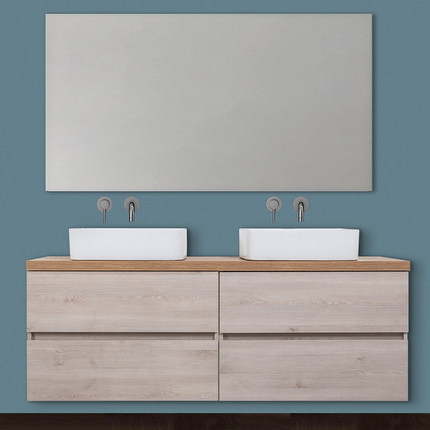 Double Hänge-Badschrank, 120cm, eichenfarben, mit Doppelwaschbecken, Schubladen und Spiegel