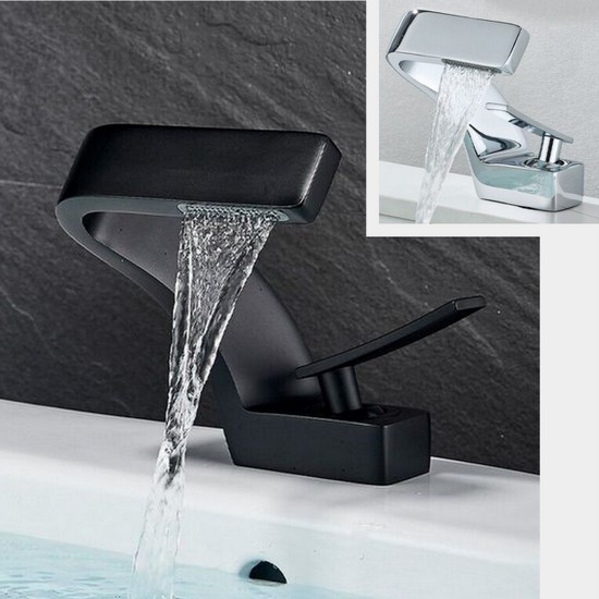 Waterfall-effect basin mixer with black or chrome finish RB153