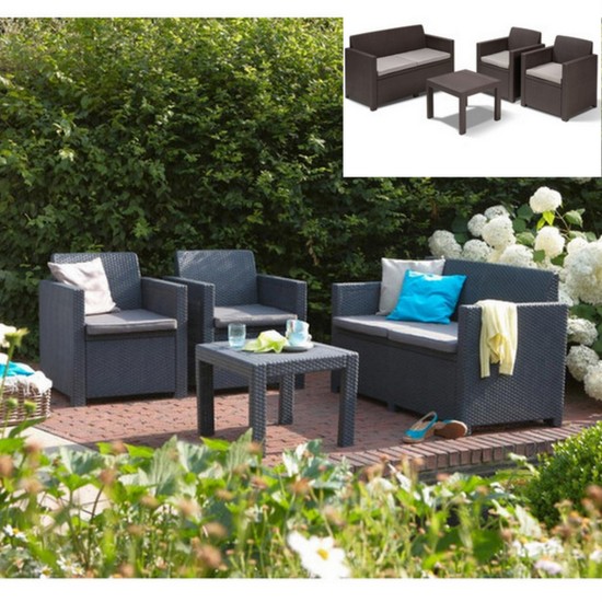 Ensemble extérieur canapé avec fauteuils et table modèle Berry en 2 couleurs avec effet polirattan