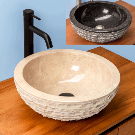 Countertop washbasin in black or cream marble 40 cm with polished interior and bush-hammered exterior LAV53