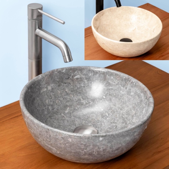 Lavabo rond à poser en pierre marbre crème ou gris 35 cm LAV51