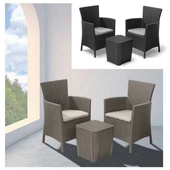 Outdoor armchairs with polirattan-effect resin table in cappucino or graphite colour model GREG