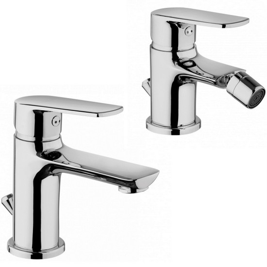 Chrome-plated washbasin or bidet mixer with pop-up waste and RB156 waste.