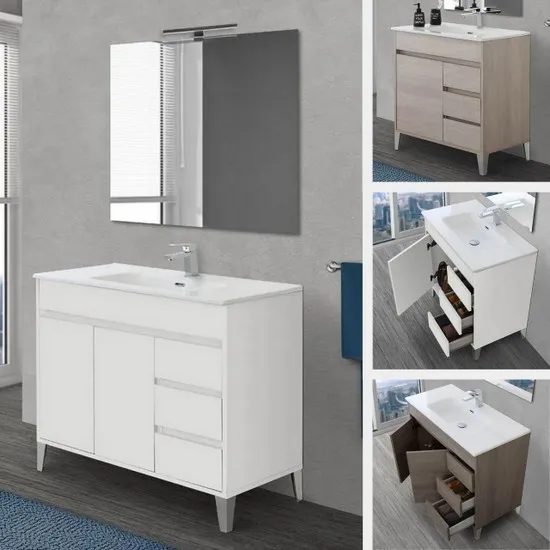 Marcus meuble de salle de bain sur pied 80 ou 100 cm avec pieds portes de lavabo et tiroirs en 3 couleurs miroir inclus