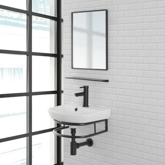Mueble de baño Basic 45x36 cm lavabo de cerámica con marco de metal negro espejo y estante