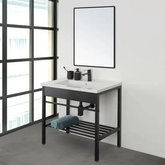 Basic2 Meuble de salle de bain de 60 ou 80 cm en métal noir mat avec miroir de lavabo en céramique inclus