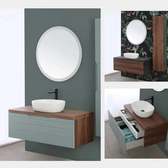 Armoire de toilette murale Clark 90 ou 110 cm en 2 couleurs avec lavabo à poser et miroir